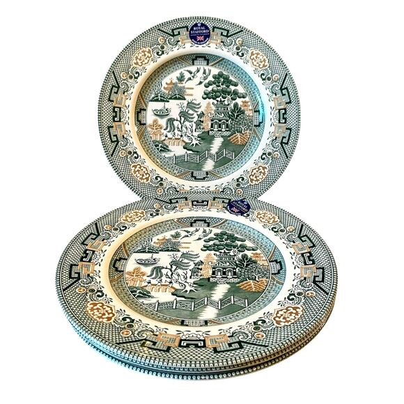 Royal Stafford Dinner Plates 11in Green & Gold Willow Pagoda Set of 4 New - Picture 1 of 16